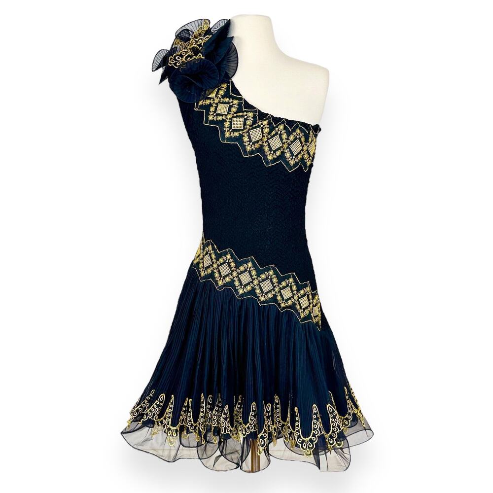 Vintage 1980's one shoulder Midi Formal Prom Dress Embroidered Gold Black Small